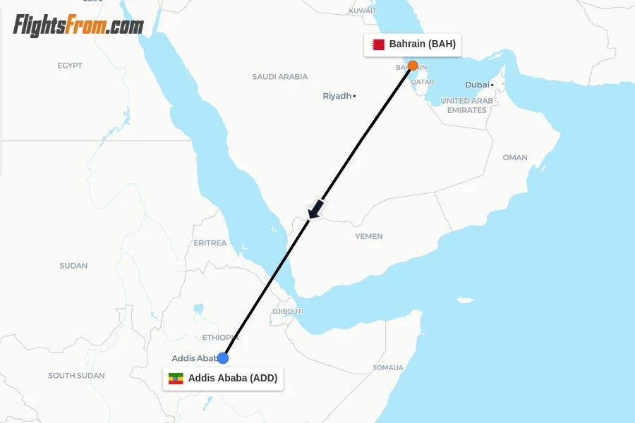 Flights from Bahrain to Addis Ababa route map