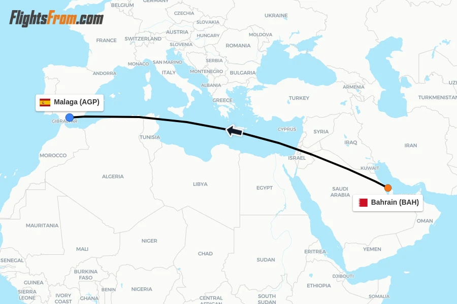 Flights from Bahrain to Malaga route map