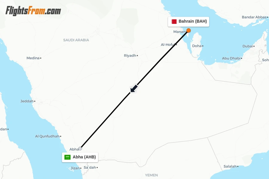 Flights from Bahrain to Abha route map