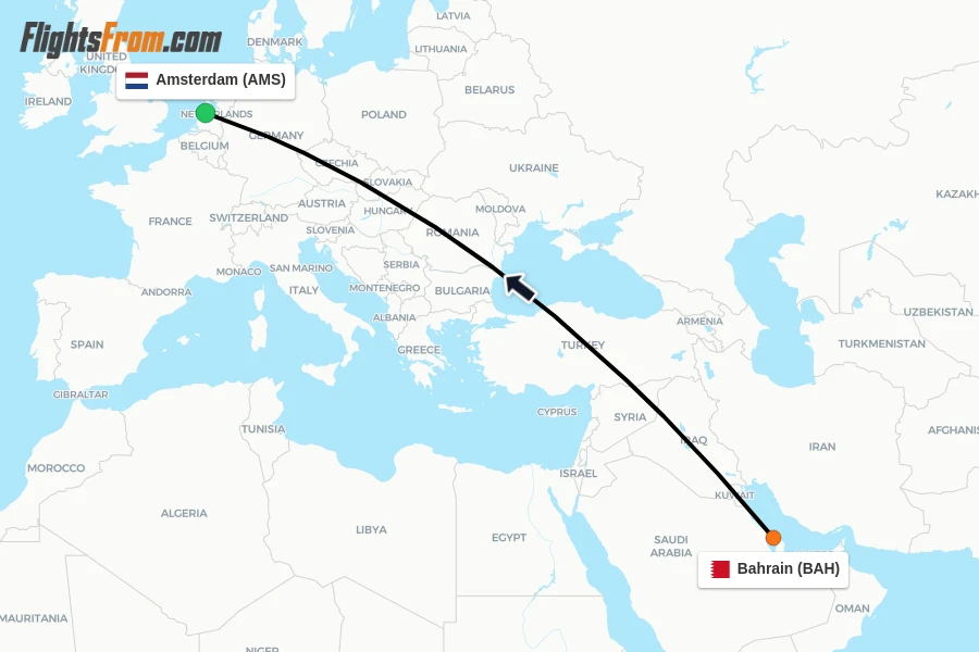 Flights from Bahrain to Amsterdam route map