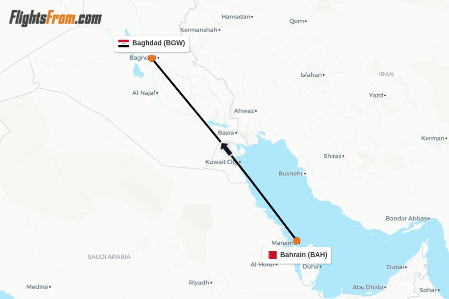 Flights from Bahrain to Baghdad route map