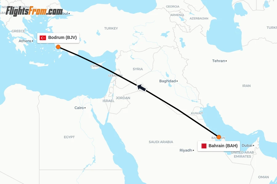 Flights from Bahrain to Bodrum route map