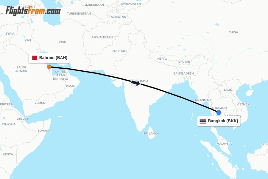 Flights from Bahrain to Bangkok route map