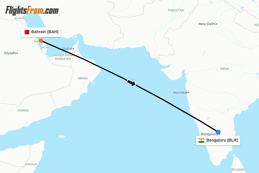 Flights from Bahrain to Bengaluru route map