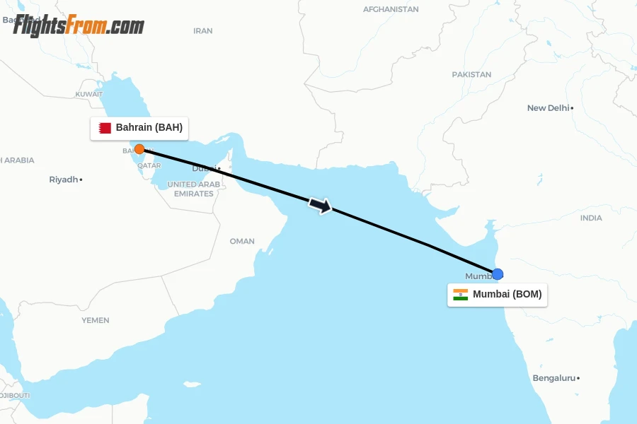 Flights from Bahrain to Mumbai route map