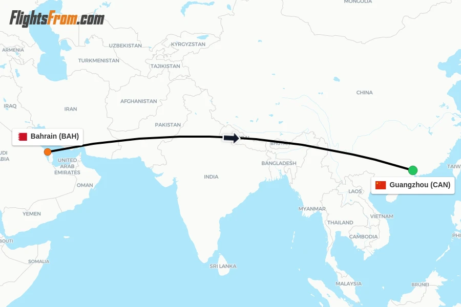 Flights from Bahrain to Guangzhou route map