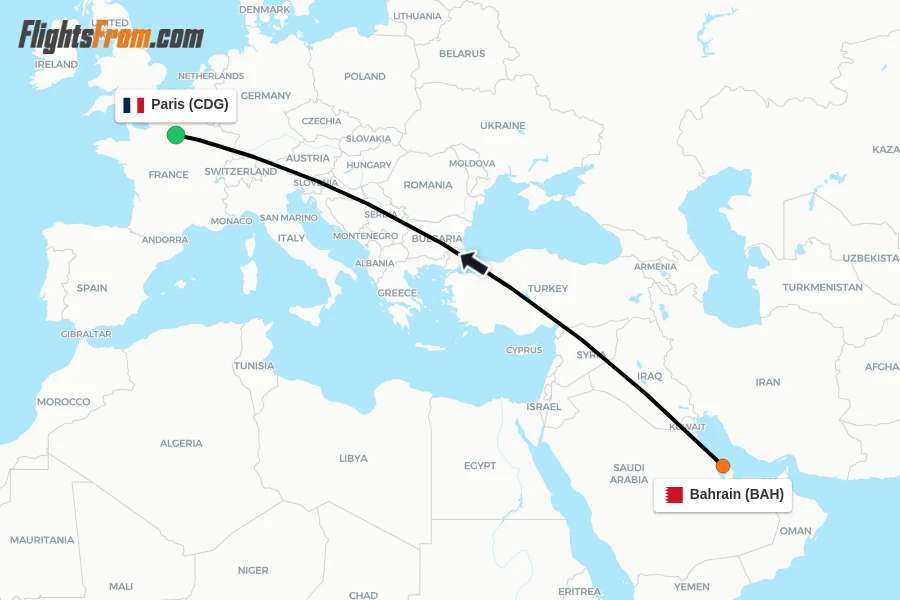 Flights from Bahrain to Paris route map