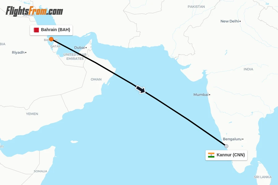 Flights from Bahrain to Kannur route map