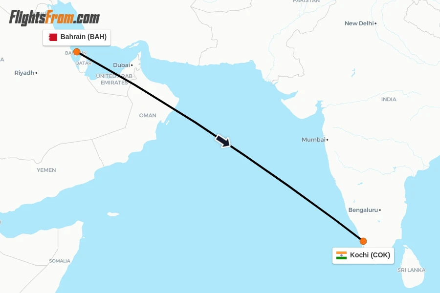 Flights from Bahrain to Kochi route map