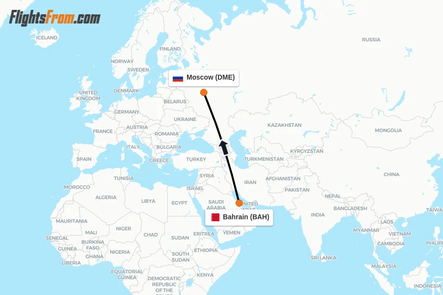 Flights from Bahrain to Moscow route map