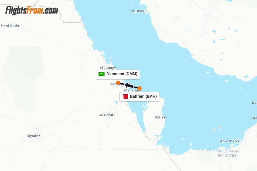 Flights from Bahrain to Dammam route map