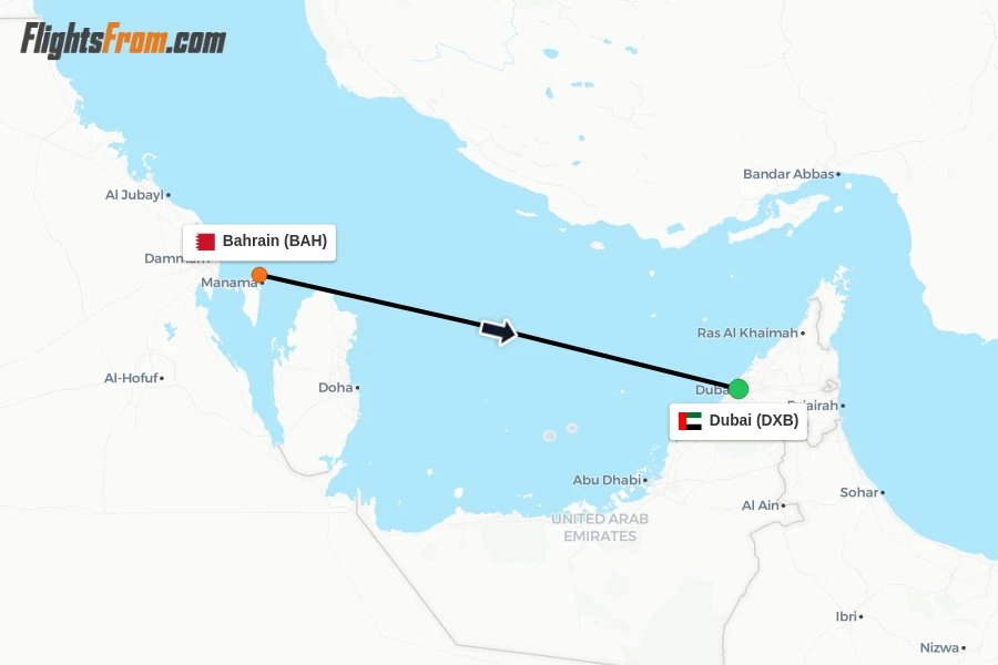 Flights from Bahrain to Dubai route map