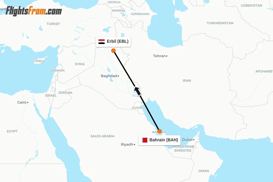 Flights from Bahrain to Erbil route map