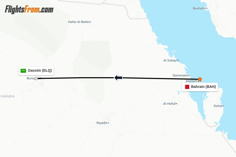 Flights from Bahrain to Gassim route map