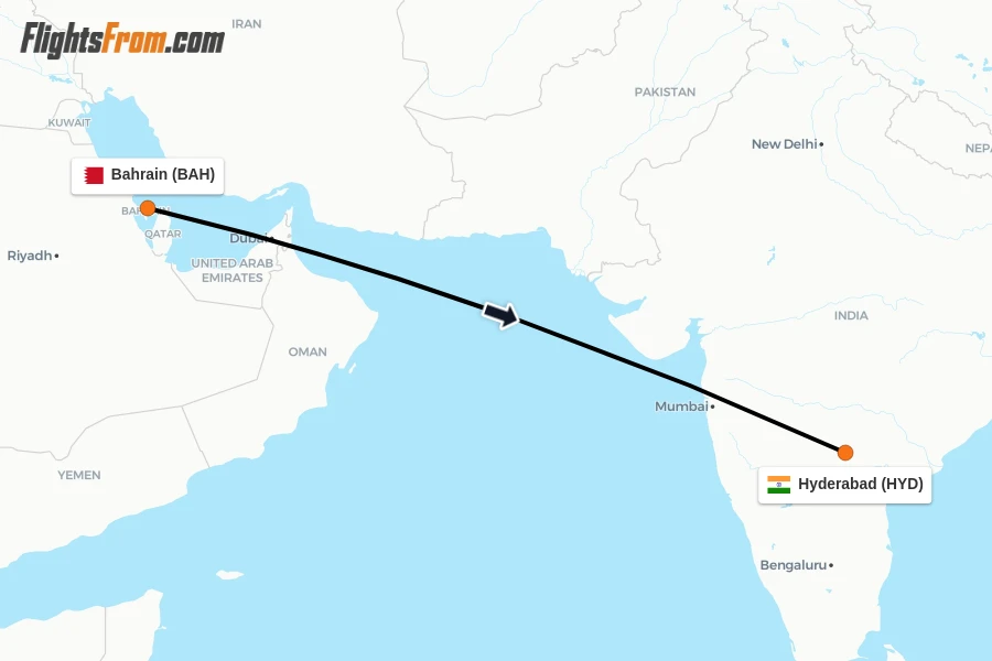 Flights from Bahrain to Hyderabad route map