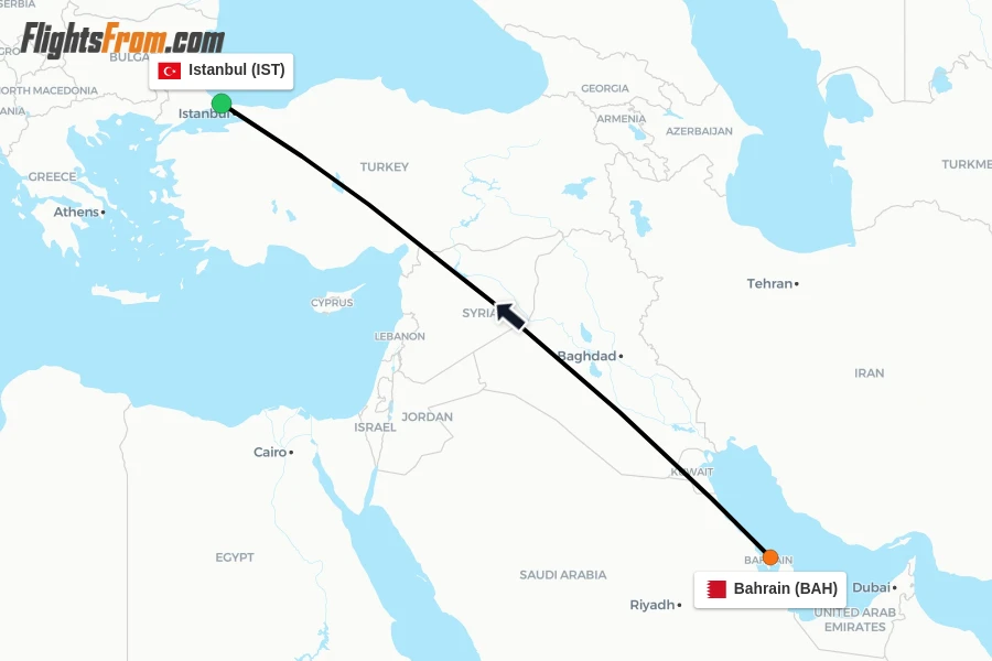 Flights from Bahrain to Istanbul route map