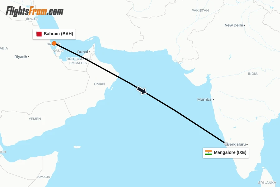 Flights from Bahrain to Mangalore route map