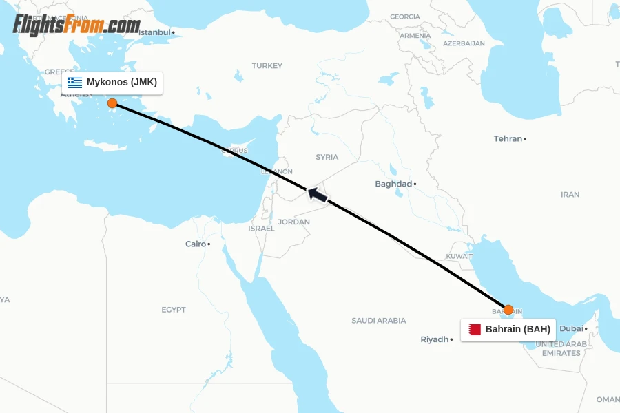 Flights from Bahrain to Mykonos route map