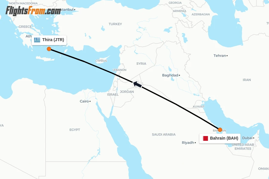 Flights from Bahrain to Thira route map