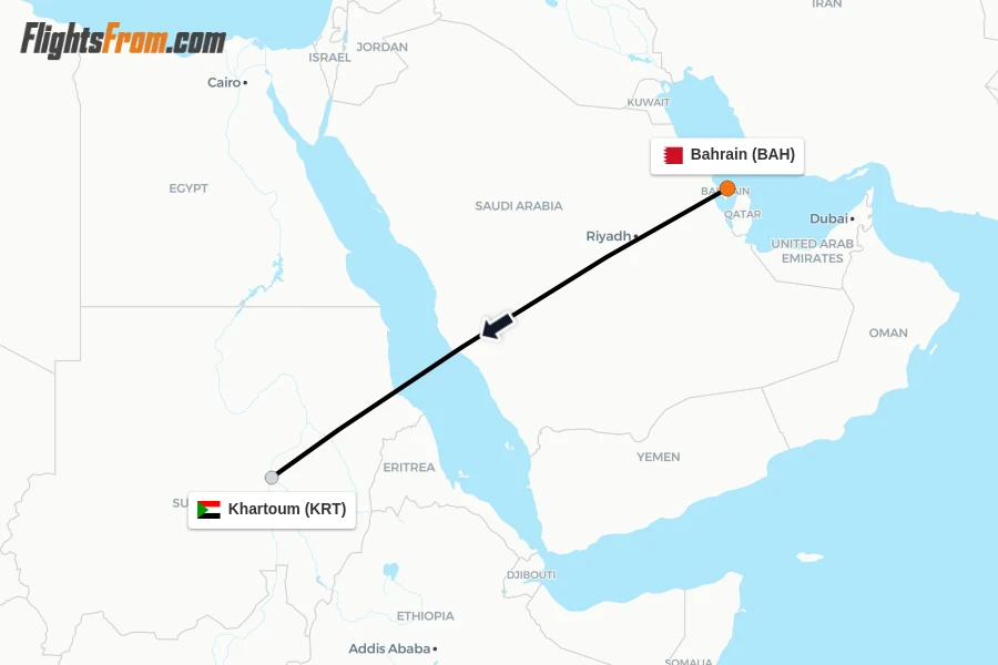Flights from Bahrain to Khartoum route map