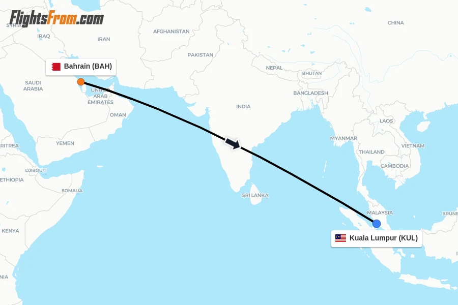 Flights from Bahrain to Kuala Lumpur route map