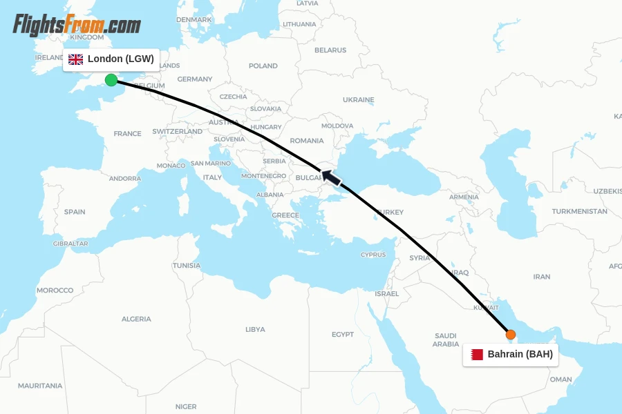 Flights from Bahrain to London route map