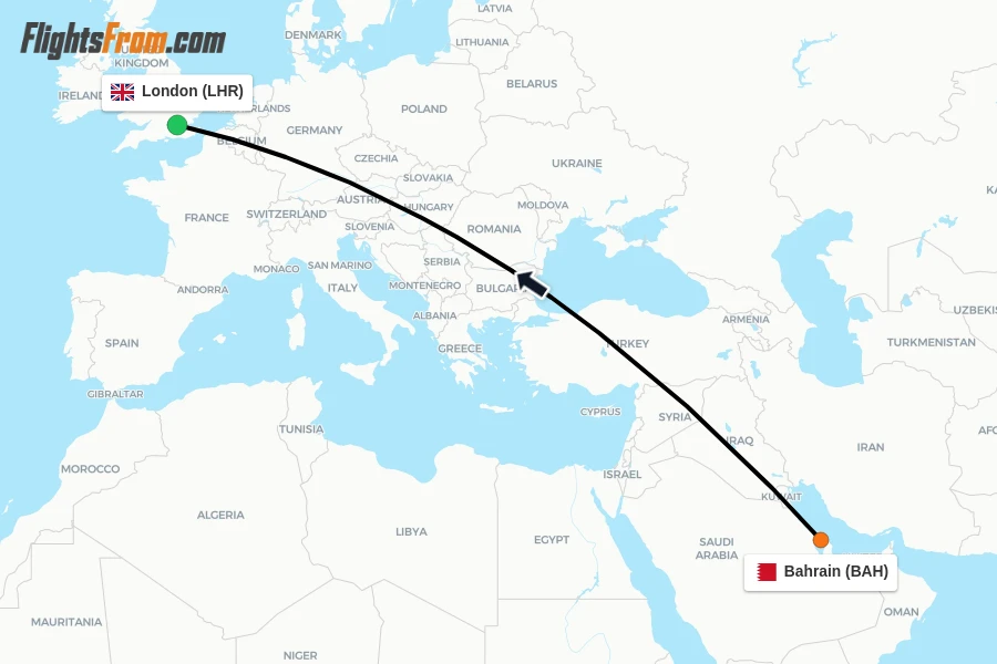 Flights from Bahrain to London route map