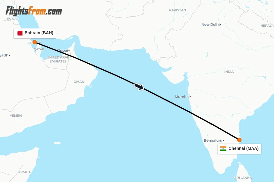 Flights from Bahrain to Chennai route map