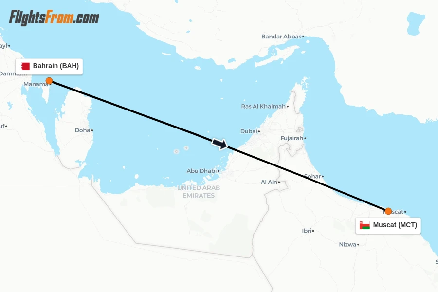 Flights from Bahrain to Muscat route map