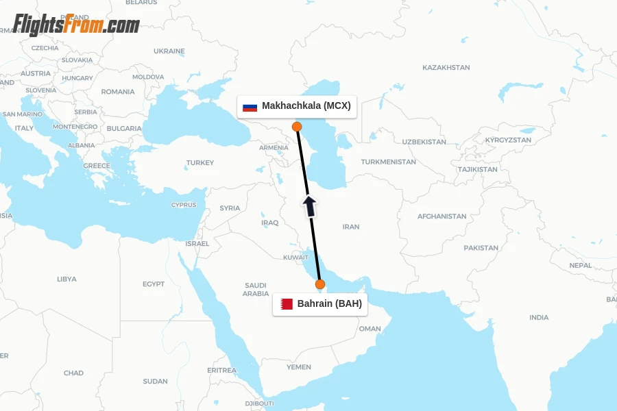 Flights from Bahrain to Makhachkala route map