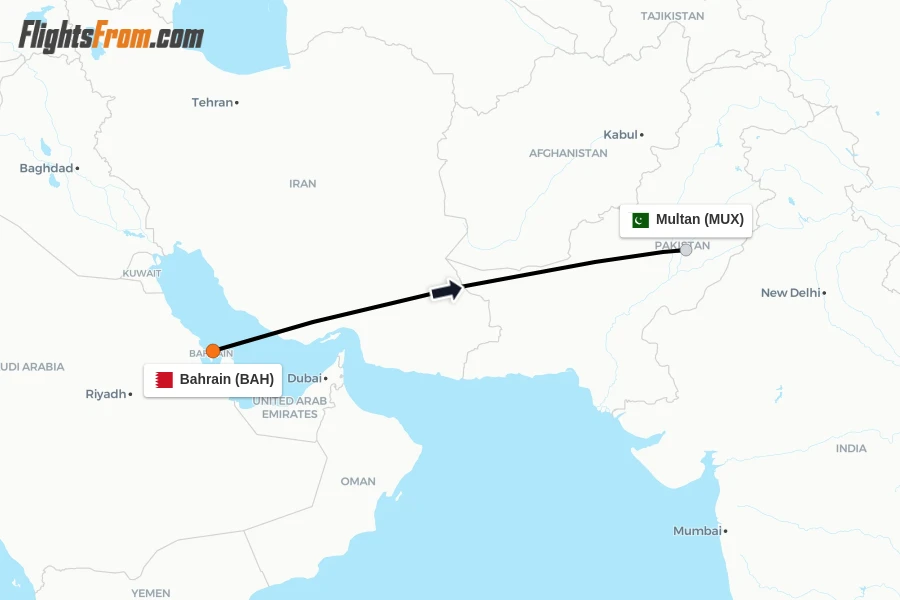 Flights from Bahrain to Multan route map