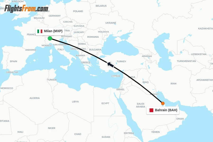 Flights from Bahrain to Milan route map