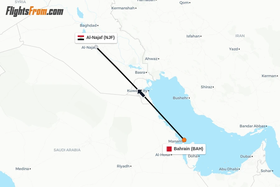Flights from Bahrain to Al-Najaf route map