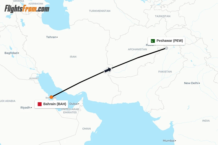 Flights from Bahrain to Peshawar route map