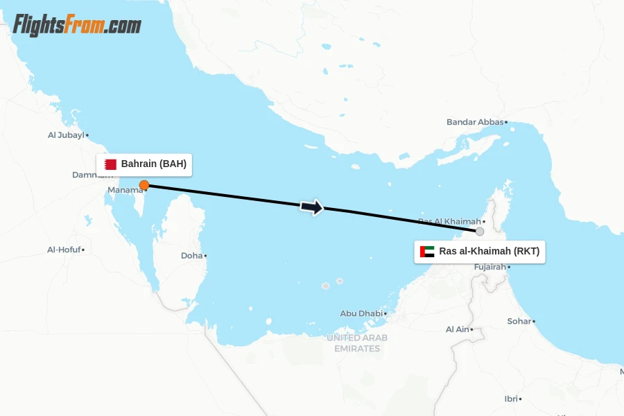 Flights from Bahrain to Ras al-Khaimah route map