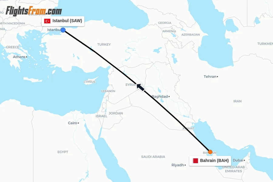 Flights from Bahrain to Istanbul route map