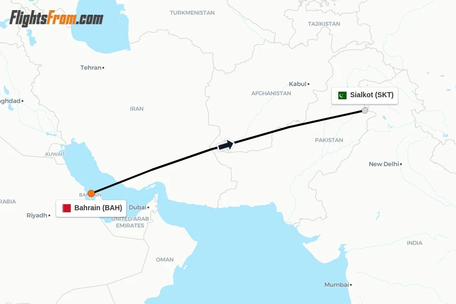 Flights from Bahrain to Sialkot route map
