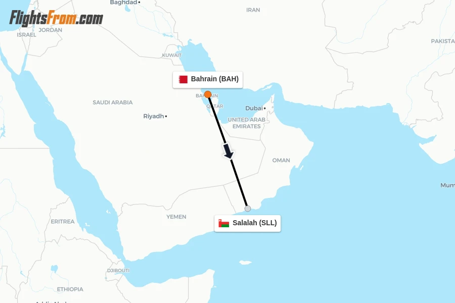 Flights from Bahrain to Salalah route map