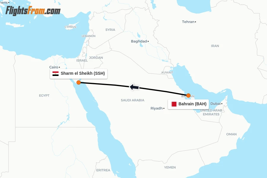 Flights from Bahrain to Sharm el Sheikh route map