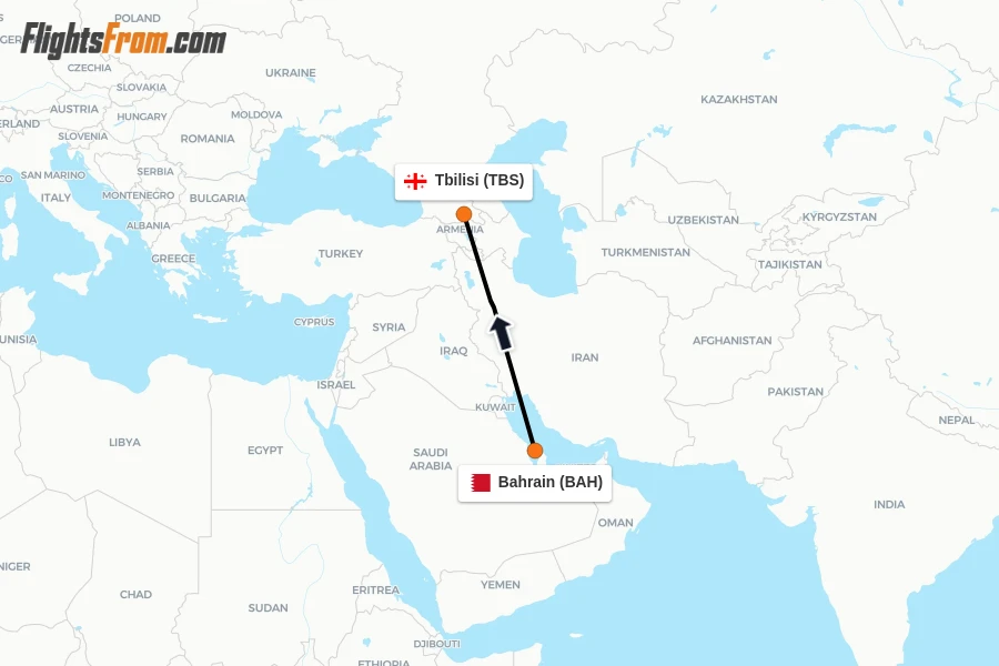 Flights from Bahrain to Tbilisi route map