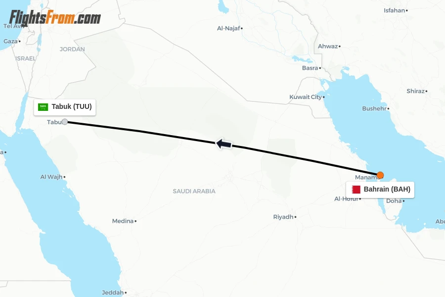 Flights from Bahrain to Tabuk route map