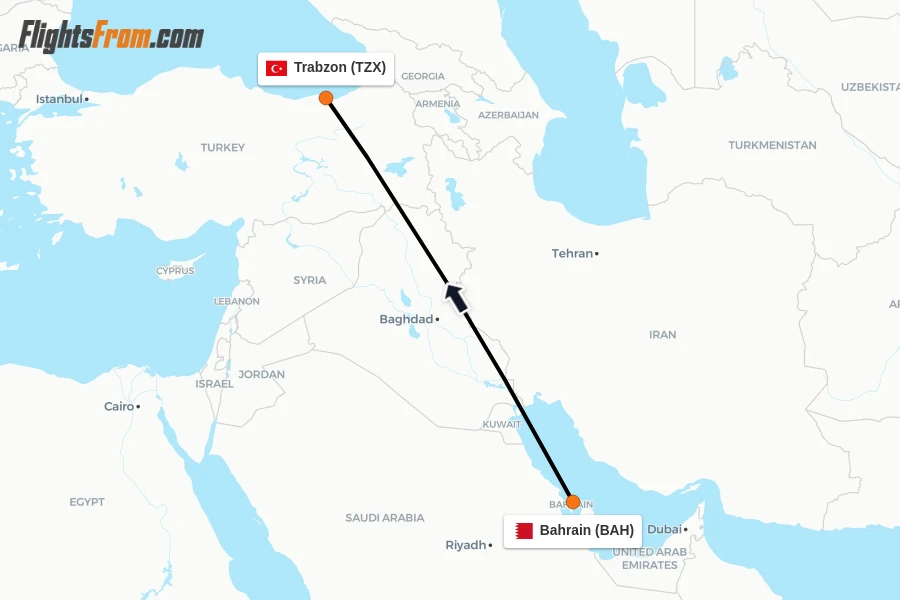 Flights from Bahrain to Trabzon route map