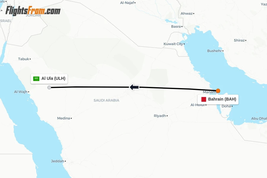 Flights from Bahrain to Al Ula route map