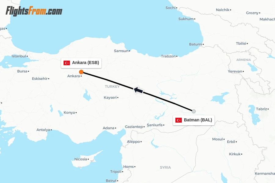 Flights from Batman to Ankara route map