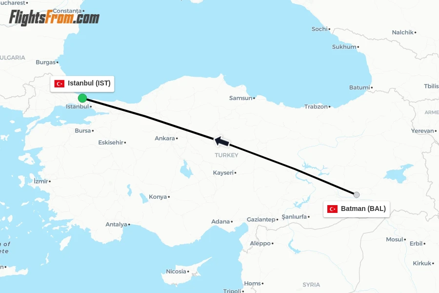 Flights from Batman to Istanbul route map