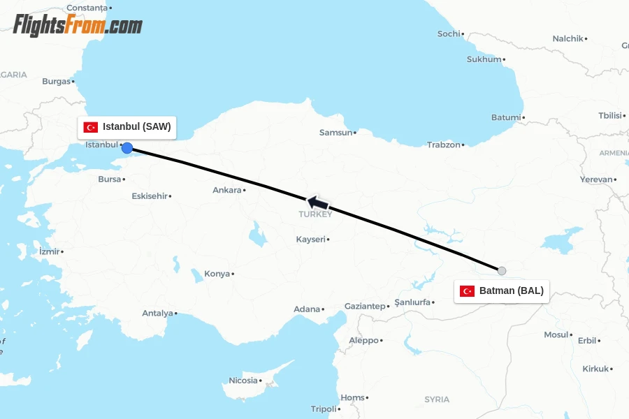 Flights from Batman to Istanbul route map