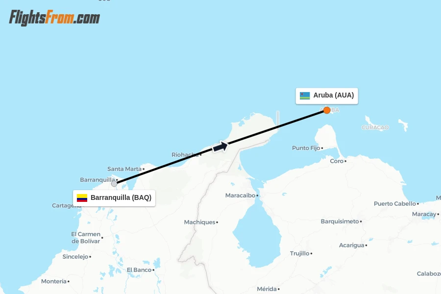 Flights from Barranquilla to Aruba route map