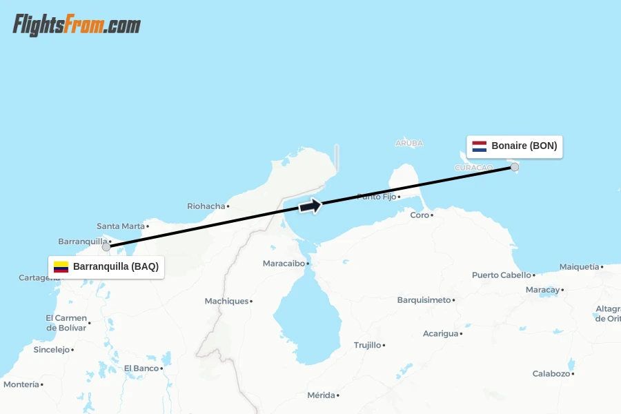 Flights from Barranquilla to Bonaire route map