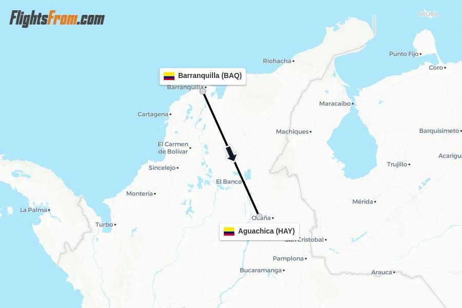 Flights from Barranquilla to Aguachica route map
