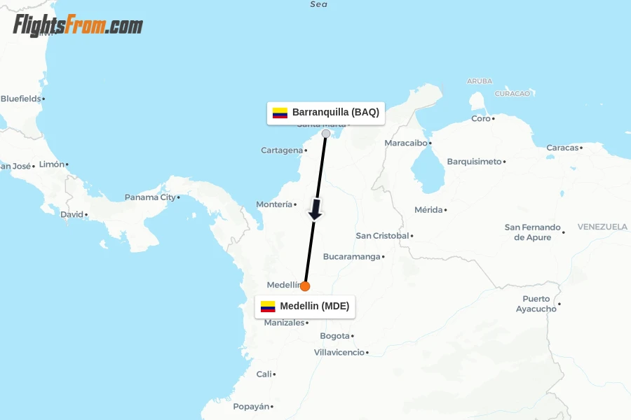 Flights from Barranquilla to Medellin route map